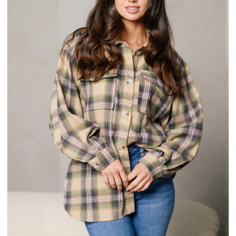 PEACH LOVE CALIFORNIA Oversized Taupe And Olive Plaid Flannel Top - Picture 2 of 6